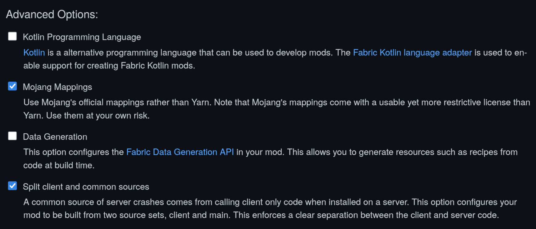 Der Abschnitt "Advanced options"