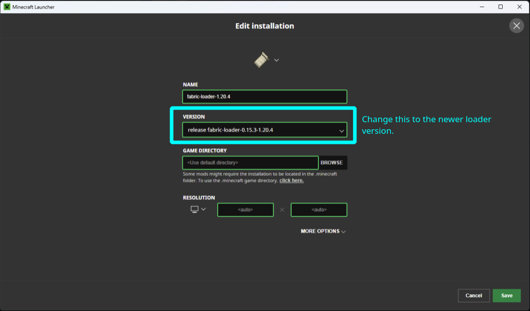 Aktualisieren der Fabric Loader Version im Minecraft Launcher